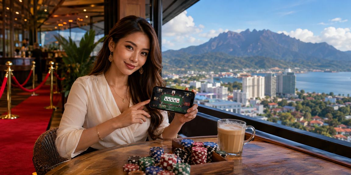 Pemain poker dalam talian memegang kad di Sabah dengan suasana santai malam hari